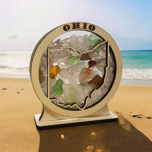 Ohio Round Sea Glass Shadowbox Display Single Sided, Window Hanging, Double Sided Shine-through Shelf Sitter, LED Light, Small