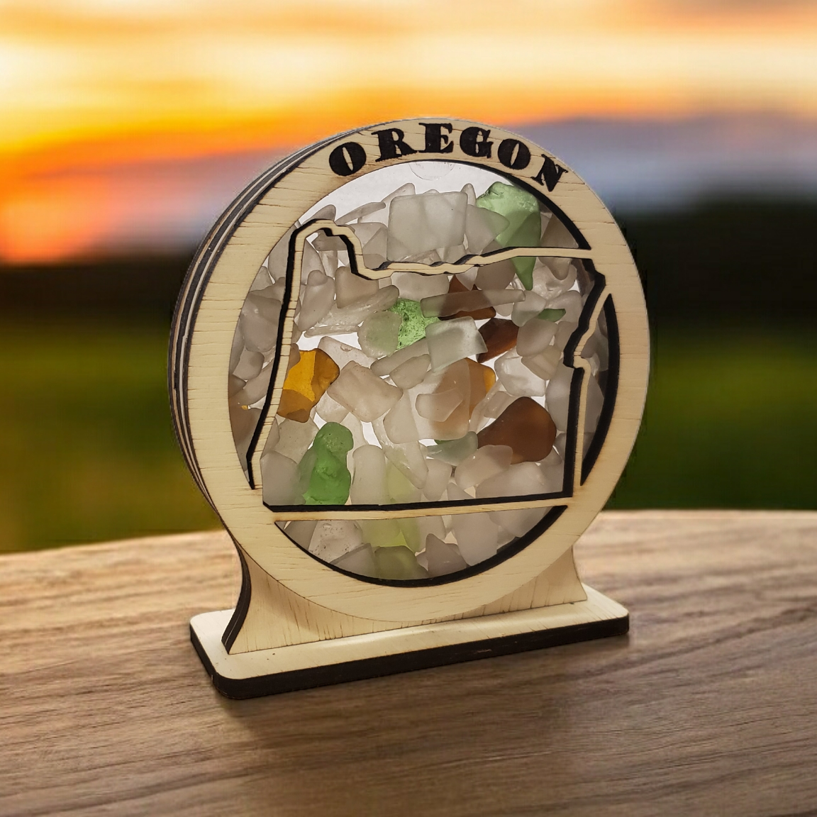 Oregon Round Sea Glass Shadowbox Display Single Sided, Window Hanging, Double Sided Shine-through Shelf Sitter, LED Light, Small