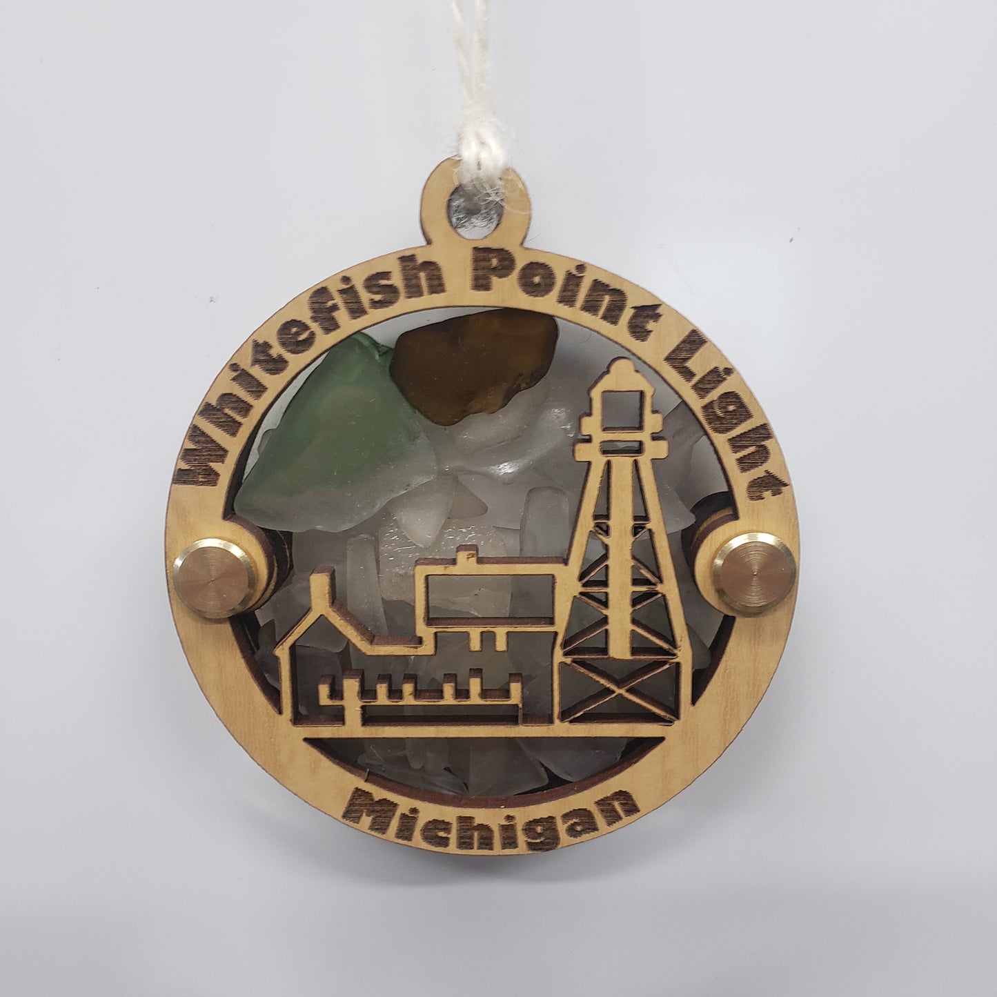 Whitefish Point Lighthouse Beach Glass Shadowbox Ornament, Whitefish Bay, Lake Superior, Michigan
