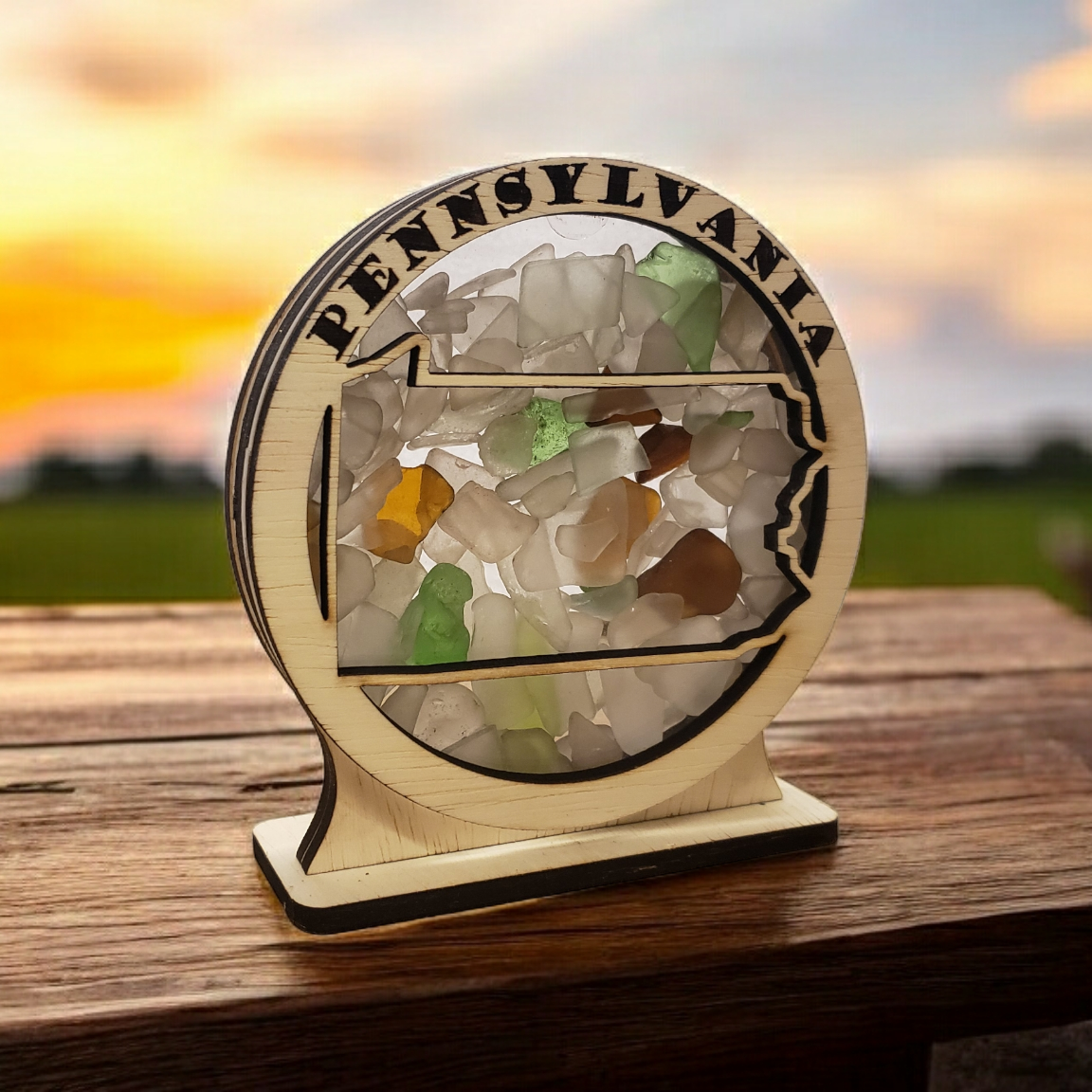 Pennsylvania Round Sea Glass Shadowbox Display Single Sided, Window Hanging, Double Sided Shine-through Shelf Sitter, LED Light, Small