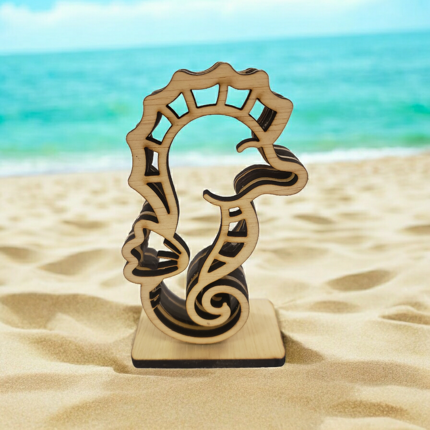 Seahorse Sea Glass Shadowbox Display, Single Sided, Window Hanging, Double Sided Shine-through Shelf Sitter, LED Light Multicolor, Small