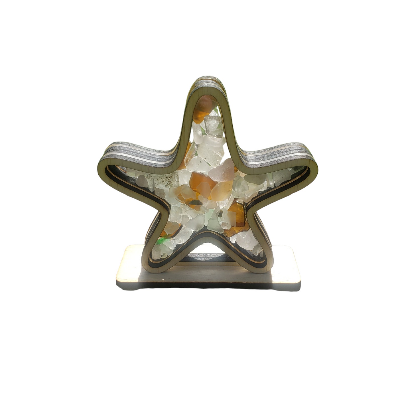 Starfish Sea Glass Shadowbox Display, Single Sided, Window Hanging, Double Sided Shine-through Shelf Sitter, LED Light Multicolor, Small