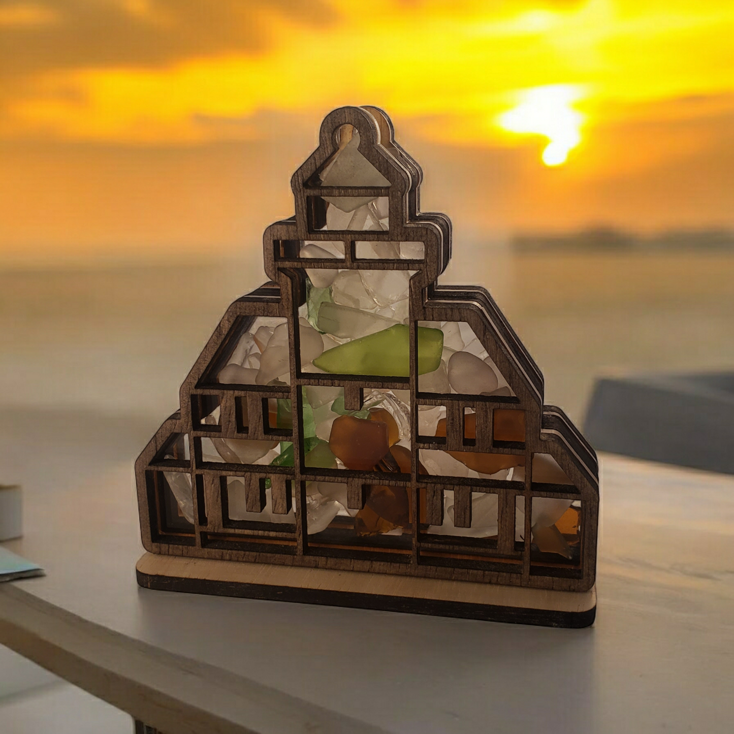 Raspberry Island Lighthouse Apostle Islands Wisconsin Sea Glass Shadowbox Display Single Sided, Window Hanging, Double Sided, LED Light, Small