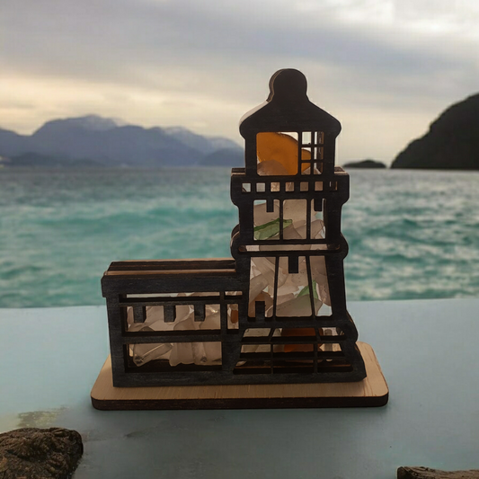 Split Rock Lighthouse Sea Glass Shadowbox Display Single Sided, Window Hanging, Double Sided Shine-through Shelf Sitter, LED Light, Small