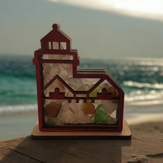 Holland Harbor Michigan "Big Red" Lighthouse Sea Glass Shadowbox Display Single Sided, Window Hanging, Double Sided, LED Night Light, Small