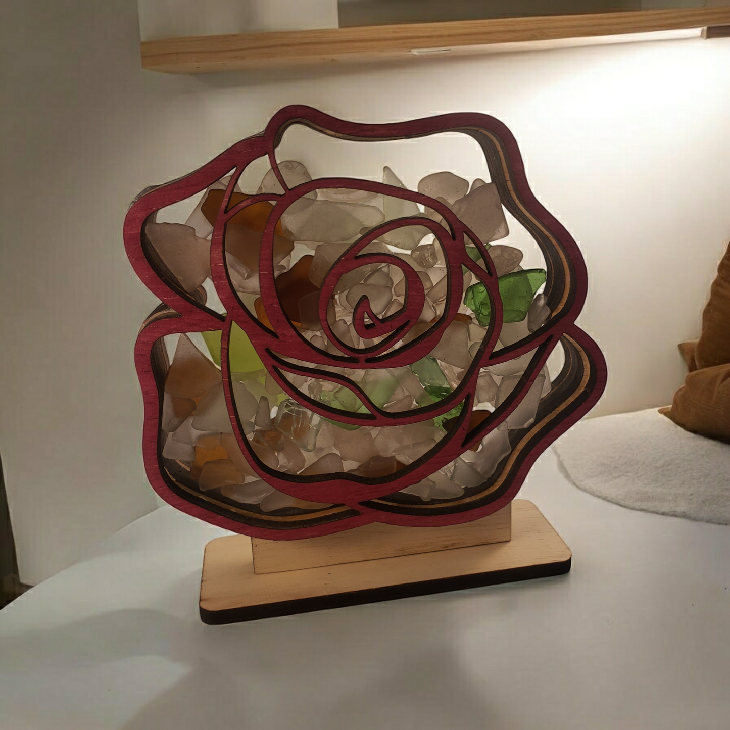 Rose Sea Glass Shadowbox Display, Single Sided, Window Display, Two Sided Shine-Through Design Shelf Sitter, LED Light, Small