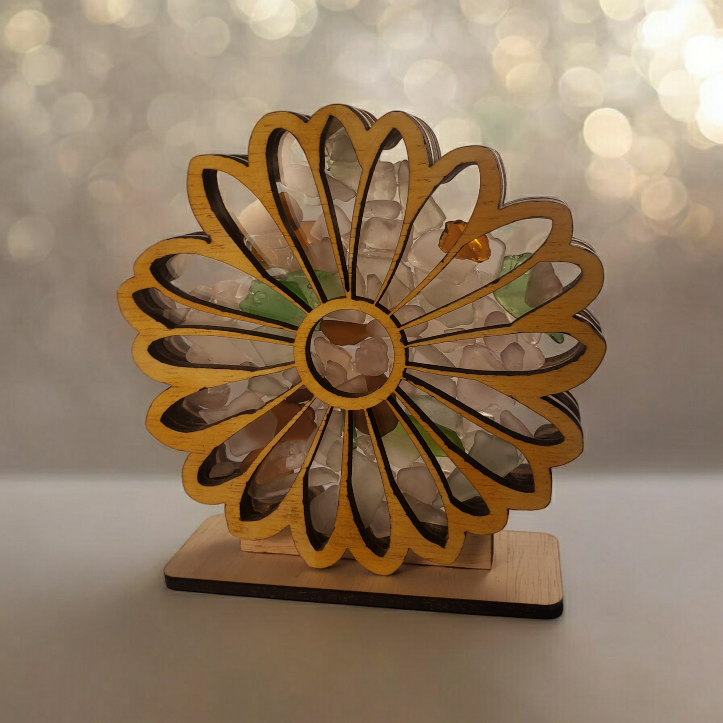 Sunflower Sea Glass Shadowbox Display, Single Sided, Window Display, Two Sided Shine-Through Design Shelf Sitter, LED Light, Small