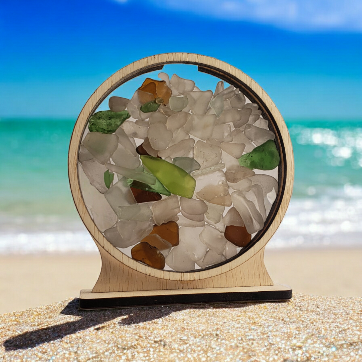 Michigan Round Sea Glass Shadowbox Display Single Sided, Window Hanging, Double Sided Shine-through Shelf Sitter, LED Light, Small