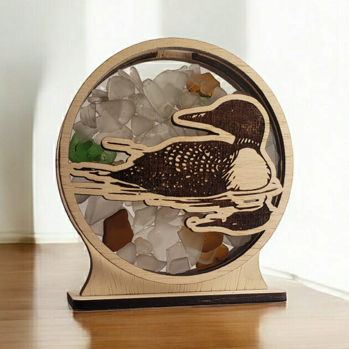 Loon Sea Glass Shadowbox Display Single Sided, Window Hanging, Double Sided Shine-through Shelf Sitter, LED Light, Small
