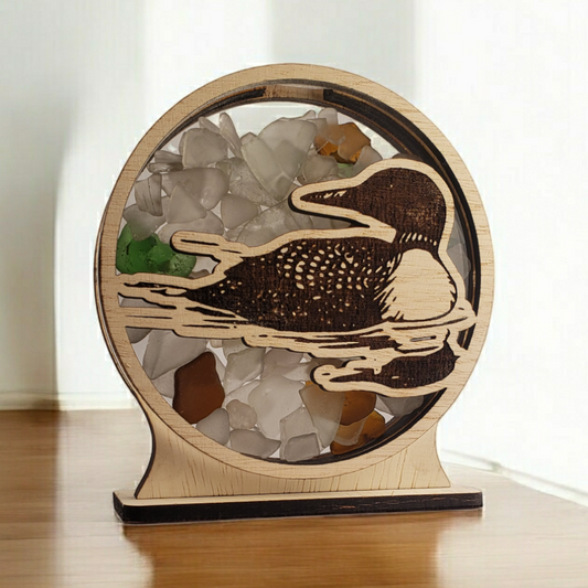 Loon Sea Glass Shadowbox Display Single Sided, Window Hanging, Double Sided Shine-through Shelf Sitter, LED Light, Small