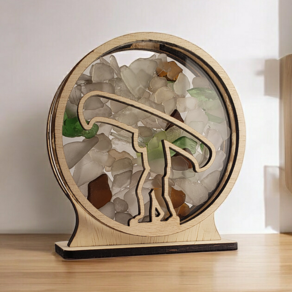 Portage a Canoe Sea Glass Shadowbox Display Single Sided, Window Hanging, Double Sided Shine-through Shelf Sitter, LED Light, Small