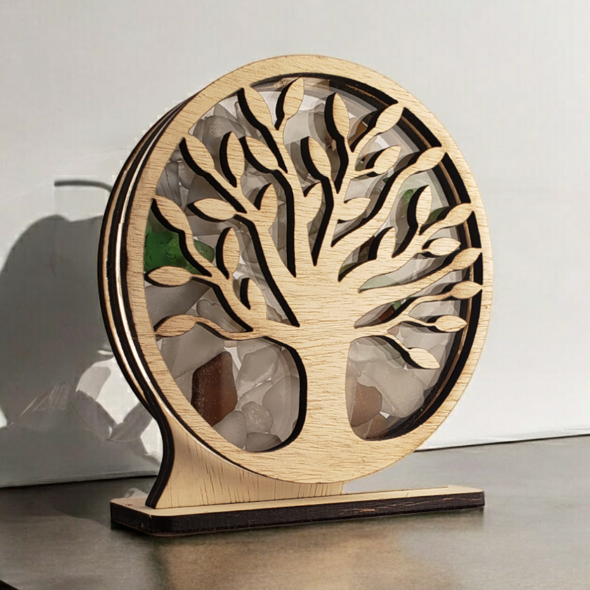 Tree of Life Sea Glass Shadowbox Display Single Sided, Window Hanging, Double Sided Shine-through Shelf Sitter, LED Light, Small