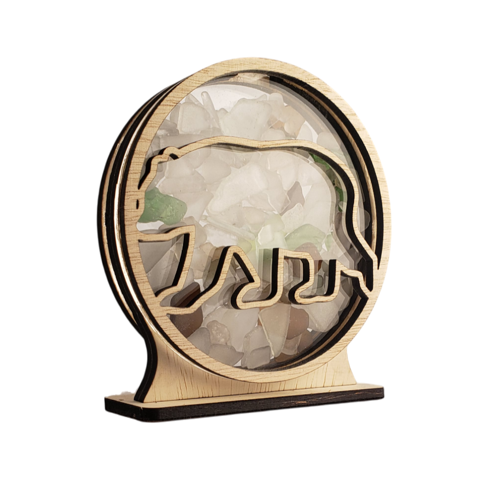 Bear Sea Glass Shadowbox Display Single Sided, Window Hanging, Double Sided Shine-through Shelf Sitter, LED Light, Small