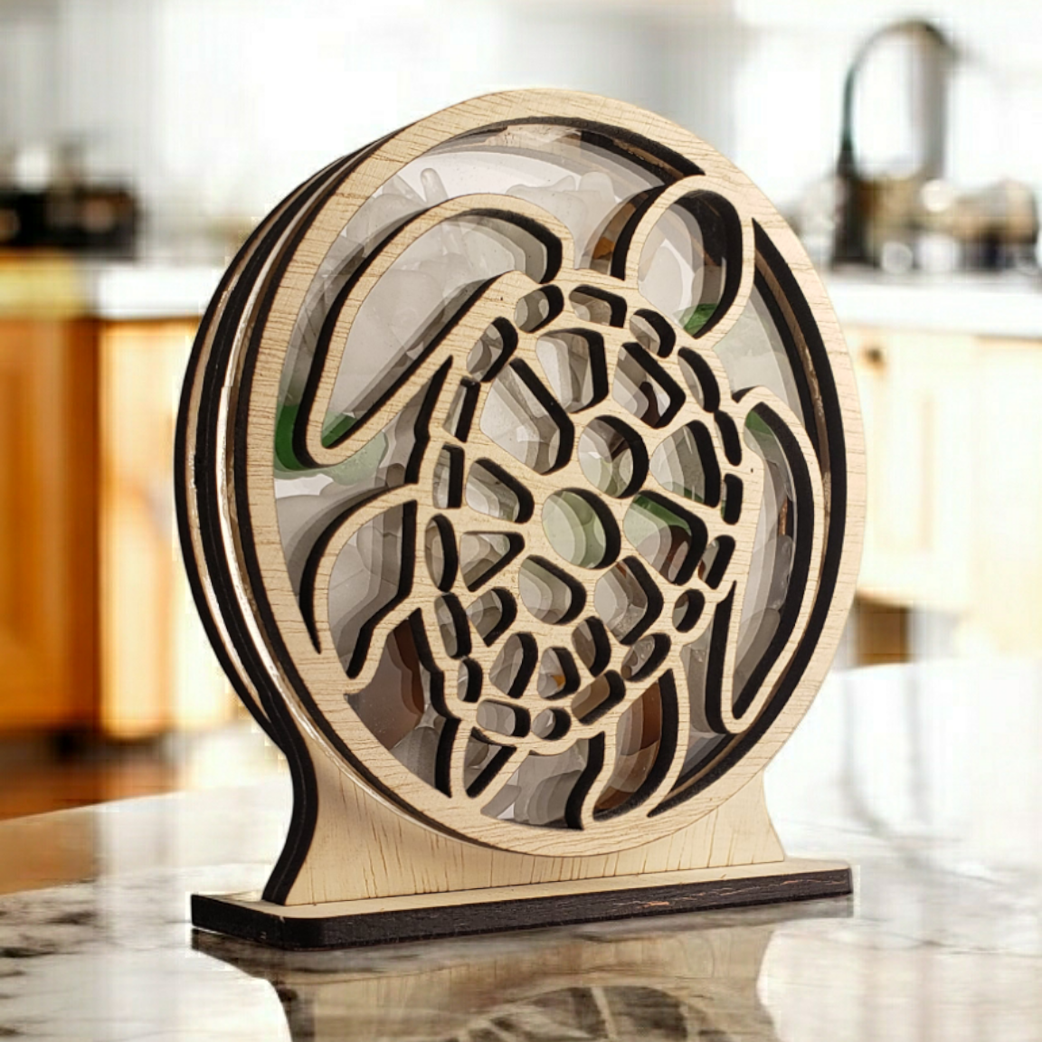 Sea Turtle Sea Glass Shadowbox Display Single Sided, Window Hanging, Double Sided Shine-through Shelf Sitter, LED Light, Small