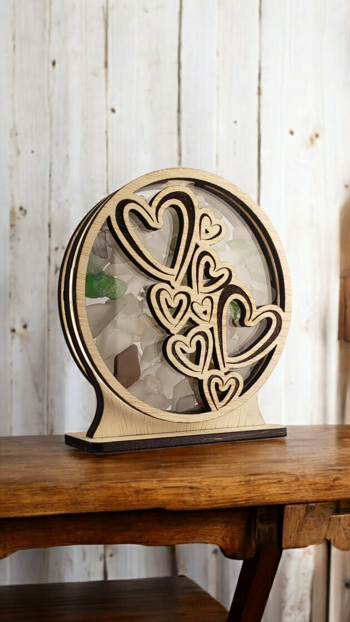 Hearts Sea Glass Shadowbox Display Single Sided, Window Hanging, Double Sided Shine-through Shelf Sitter, LED Light, Small
