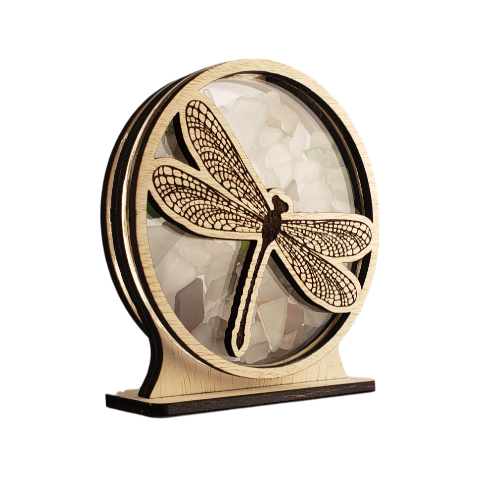 Dragonfly Sea Glass Shadowbox Display Single Sided, Window Hanging, Double Sided Shine-through Shelf Sitter, LED Light, Small