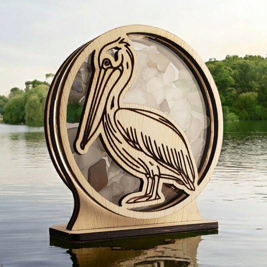 Pelican Sea Glass Shadowbox Display Single Sided, Window Hanging, Double Sided Shine-through Shelf Sitter, LED Light, Small