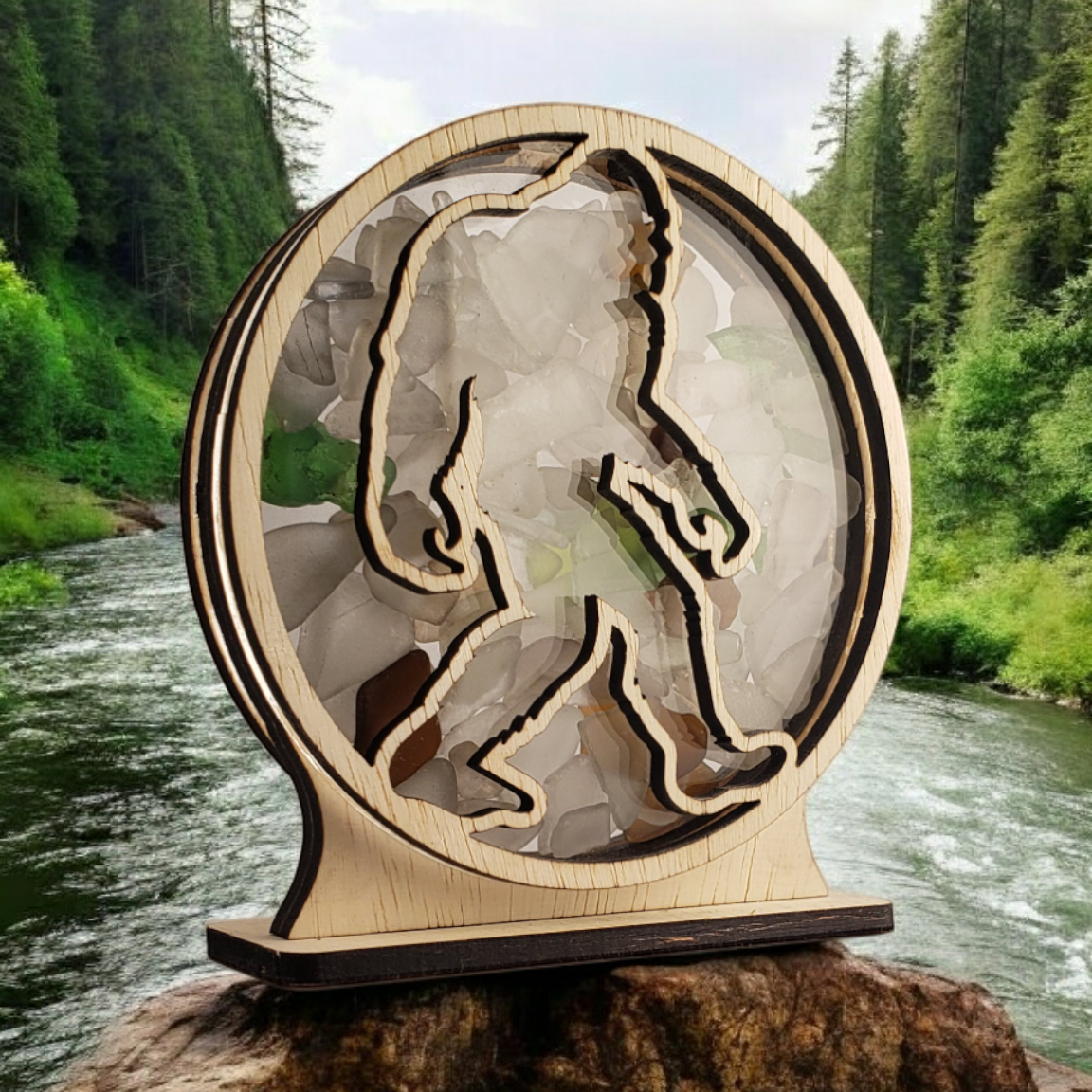 Sasquatch Sea Glass Shadowbox Display Single Sided, Window Hanging, Double Sided Shine-through Shelf Sitter, LED Light, Small