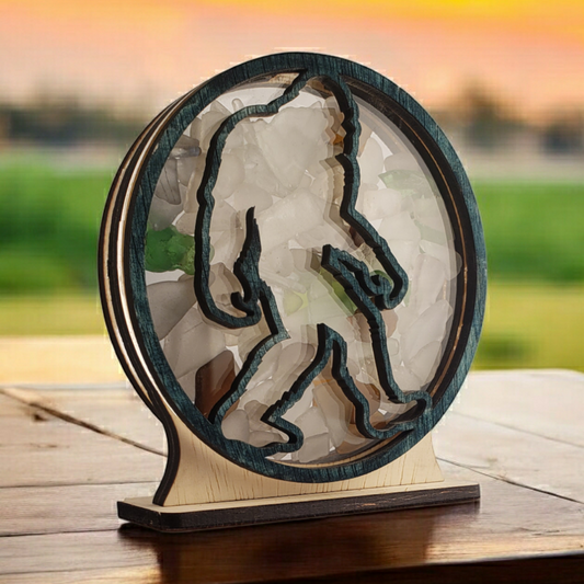 Sasquatch Sea Glass Shadowbox Display Single Sided, Window Hanging, Double Sided Shine-through Shelf Sitter, LED Light, Small