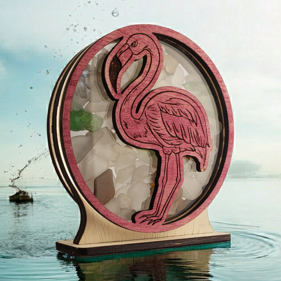 Flamingo Sea Glass Shadowbox Display Single Sided, Window Hanging, Double Sided Shine-through Shelf Sitter, LED Light, Small