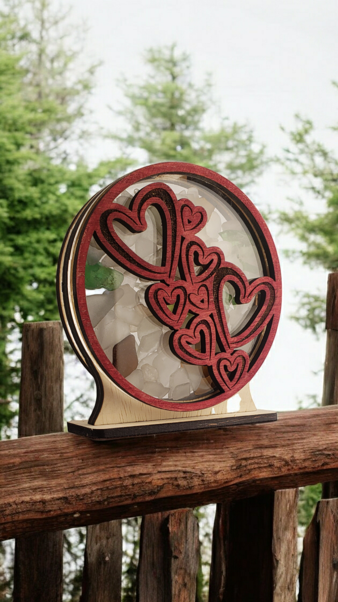 Hearts Sea Glass Shadowbox Display Single Sided, Window Hanging, Double Sided Shine-through Shelf Sitter, LED Light, Small