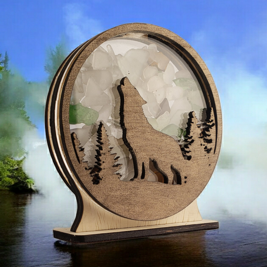 Howling Wolf with Pines Sea Glass Shadowbox Display Single Sided, Window Hanging, Double Sided Shine-through Shelf Sitter, LED Light, Small