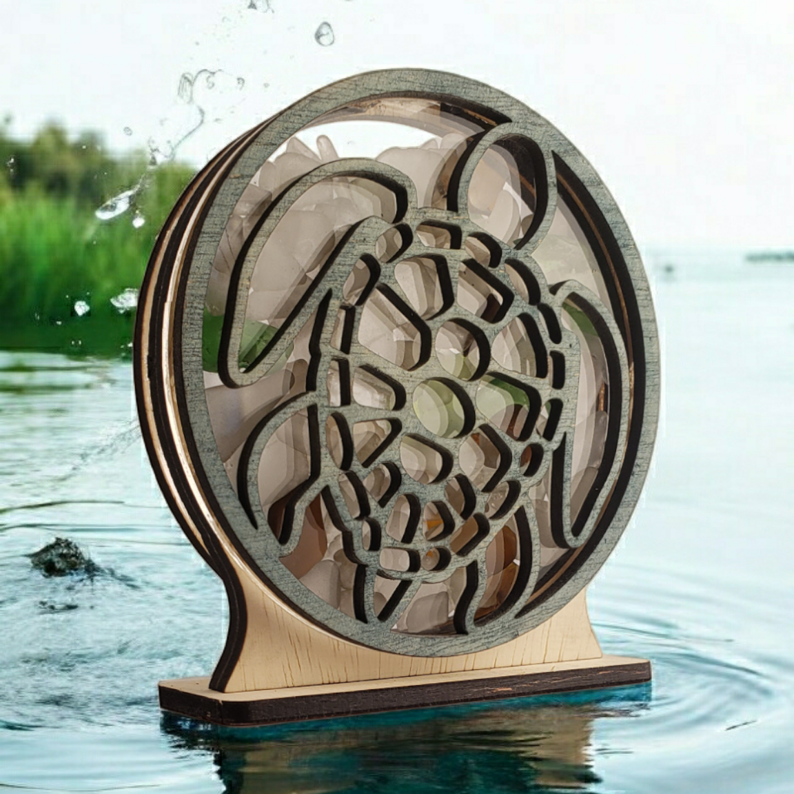 Sea Turtle Sea Glass Shadowbox Display Single Sided, Window Hanging, Double Sided Shine-through Shelf Sitter, LED Light, Small