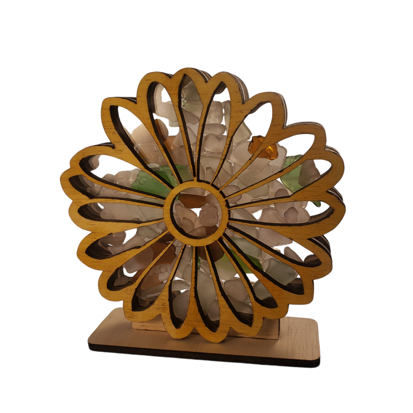 Sunflower Sea Glass Shadowbox Display, Single Sided, Window Display, Two Sided Shine-Through Design Shelf Sitter, LED Light, Small