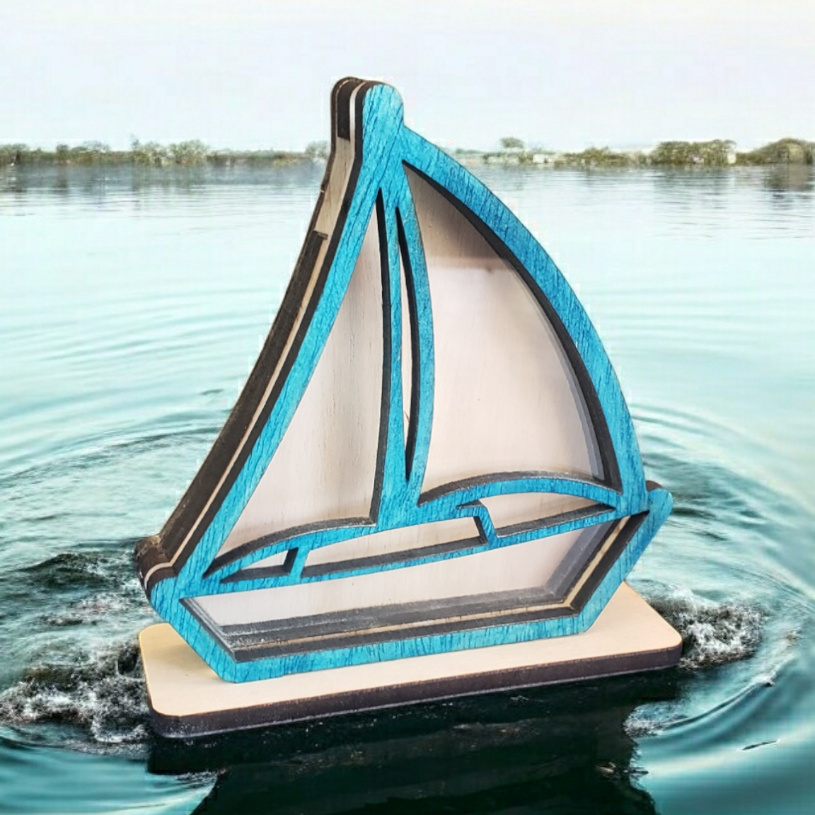 Sailboat Sea Glass Shadowbox Display Single Sided, Window Hanging, Double Sided Shine-through Shelf Sitter, LED Light Multicolor, Small