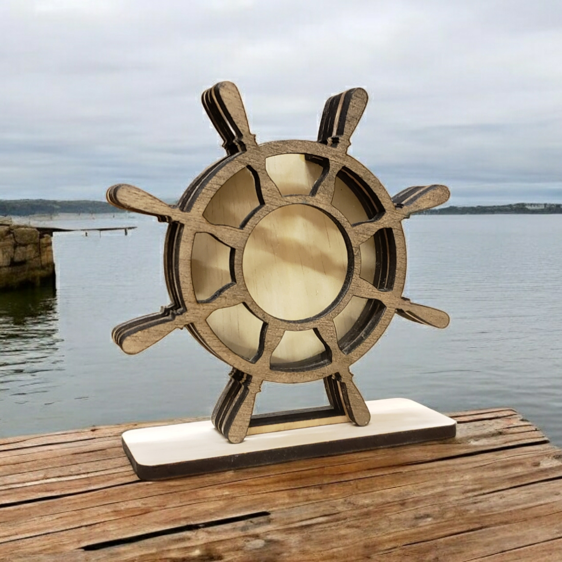 Ship's Steering Wheel Sea Glass Shadowbox Display, Single Sided, Window Hanging, Double Sided Shine-through Shelf Sitter, LED Light, Small