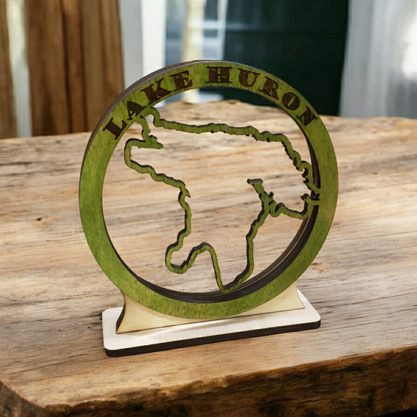 Lake Huron Round Sea Glass Shadowbox Display Single Sided, Window Hanging, Double Sided Shine-through Shelf Sitter, LED Light, Small