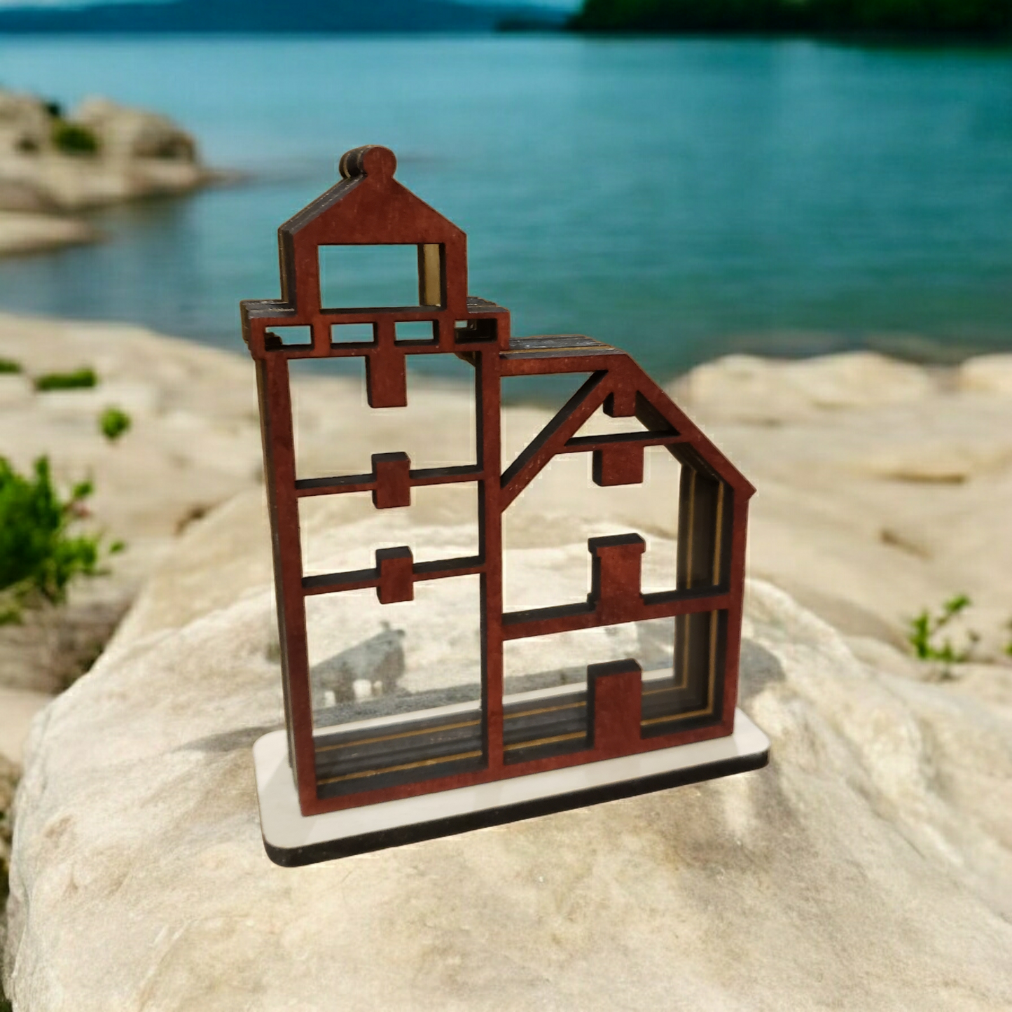 Round Island Lighthouse Sea Glass Shadowbox Display Single Sided, Window Hanging, Double Sided Shine-through Shelf Sitter, LED Light, Small