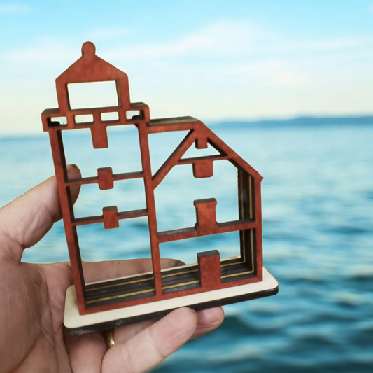 Round Island Lighthouse Sea Glass Shadowbox Display Single Sided, Window Hanging, Double Sided Shine-through Shelf Sitter, LED Light, Small