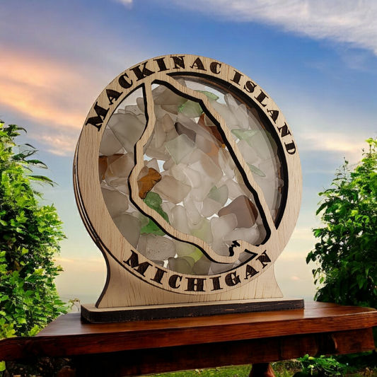 Mackinac Island MI Round Sea Glass Shadowbox Display Single Sided, Window Hanging, Double Sided Shine-through Shelf Sitter, LED Light, Small