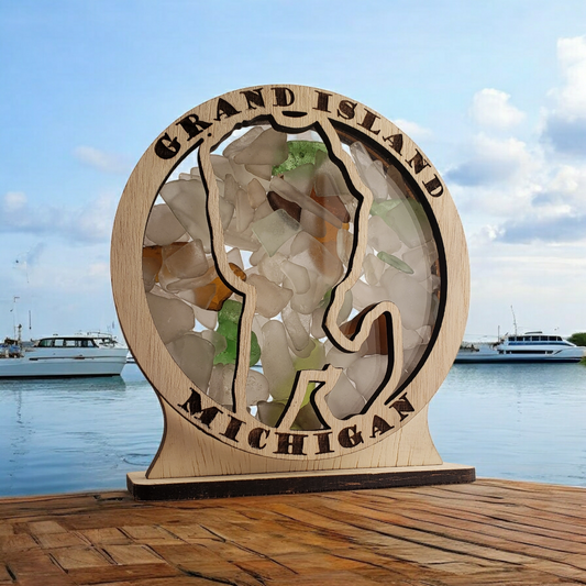 Grand Island, MI Round Sea Glass Shadowbox Display Single Sided, Window Hanging, Double Sided Shine-through Shelf Sitter, LED Light, Small