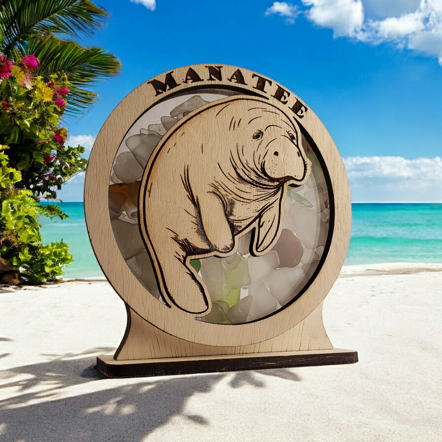 Manatee Sea Glass Shadowbox Display Single Sided, Window Hanging, Double Sided Shine-through Shelf Sitter, LED Light, Small