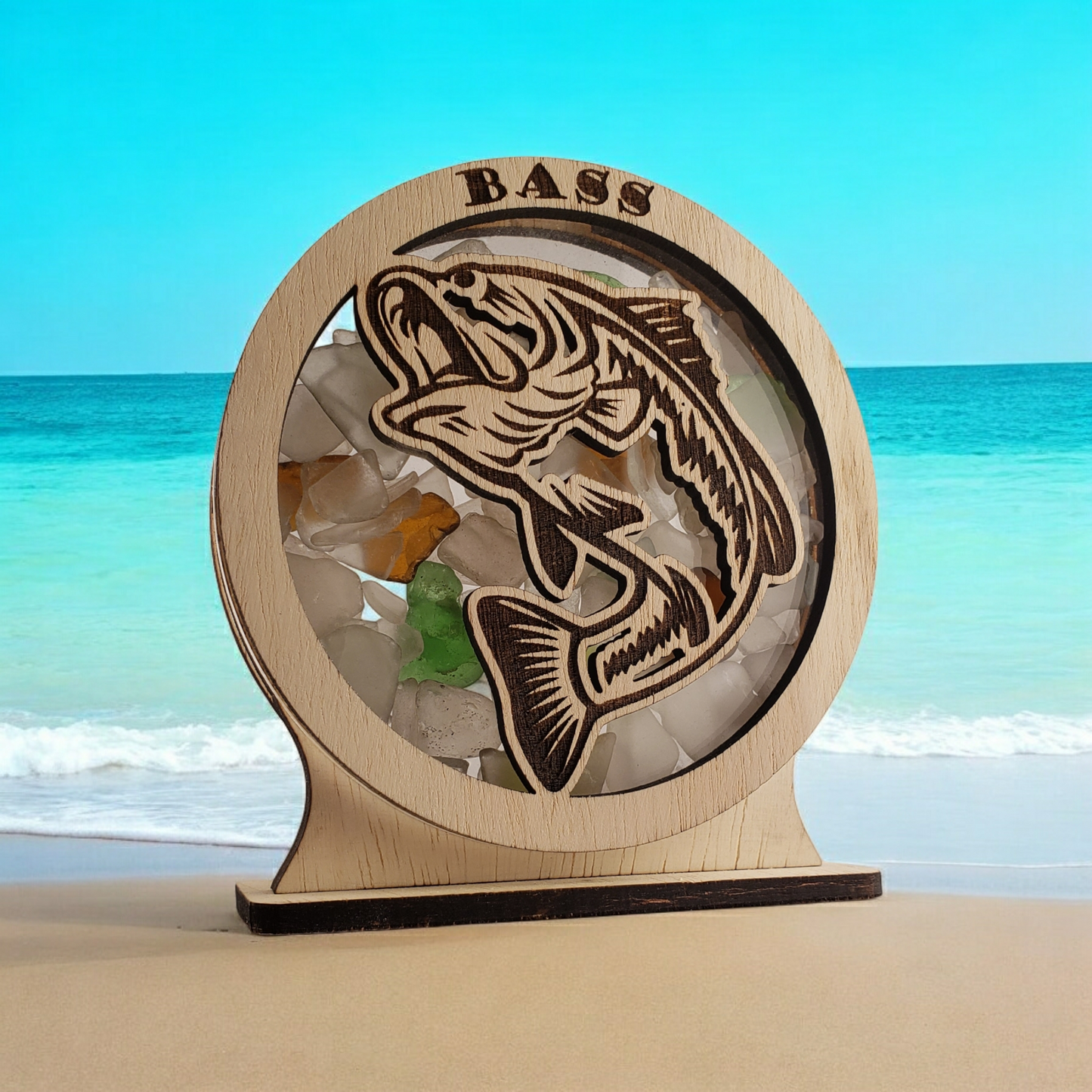 Bass Sea Glass Shadowbox Display Single Sided, Window Hanging, Double Sided Shine-through Shelf Sitter, LED Light, Small