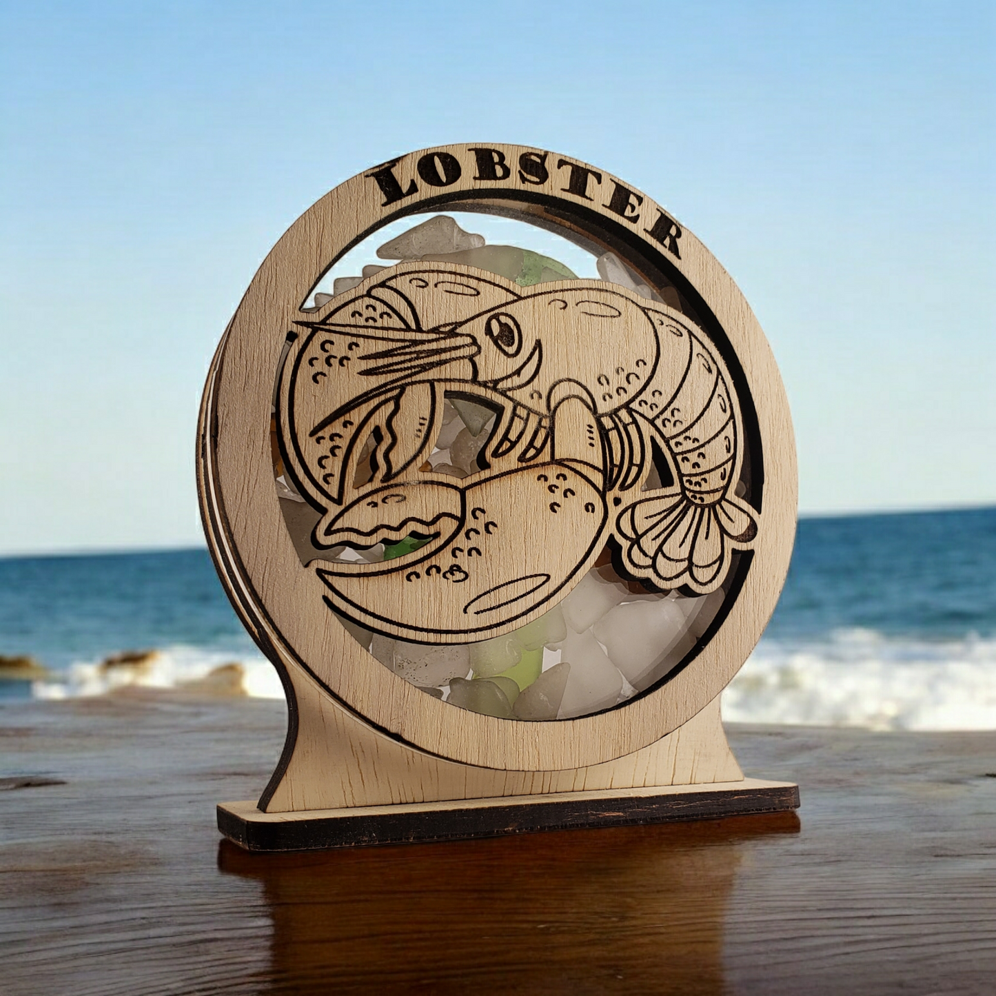 Lobster Sea Glass Shadowbox Display Single Sided, Window Hanging, Double Sided Shine-through Shelf Sitter, LED Light, Small