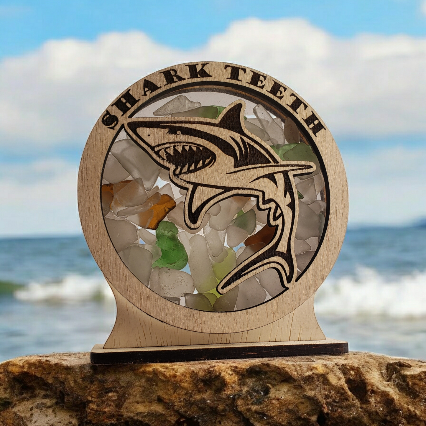 Shark Teeth Sea Glass Shadowbox Display Single Sided, Window Hanging, Double Sided Shine-through Shelf Sitter, LED Light, Small