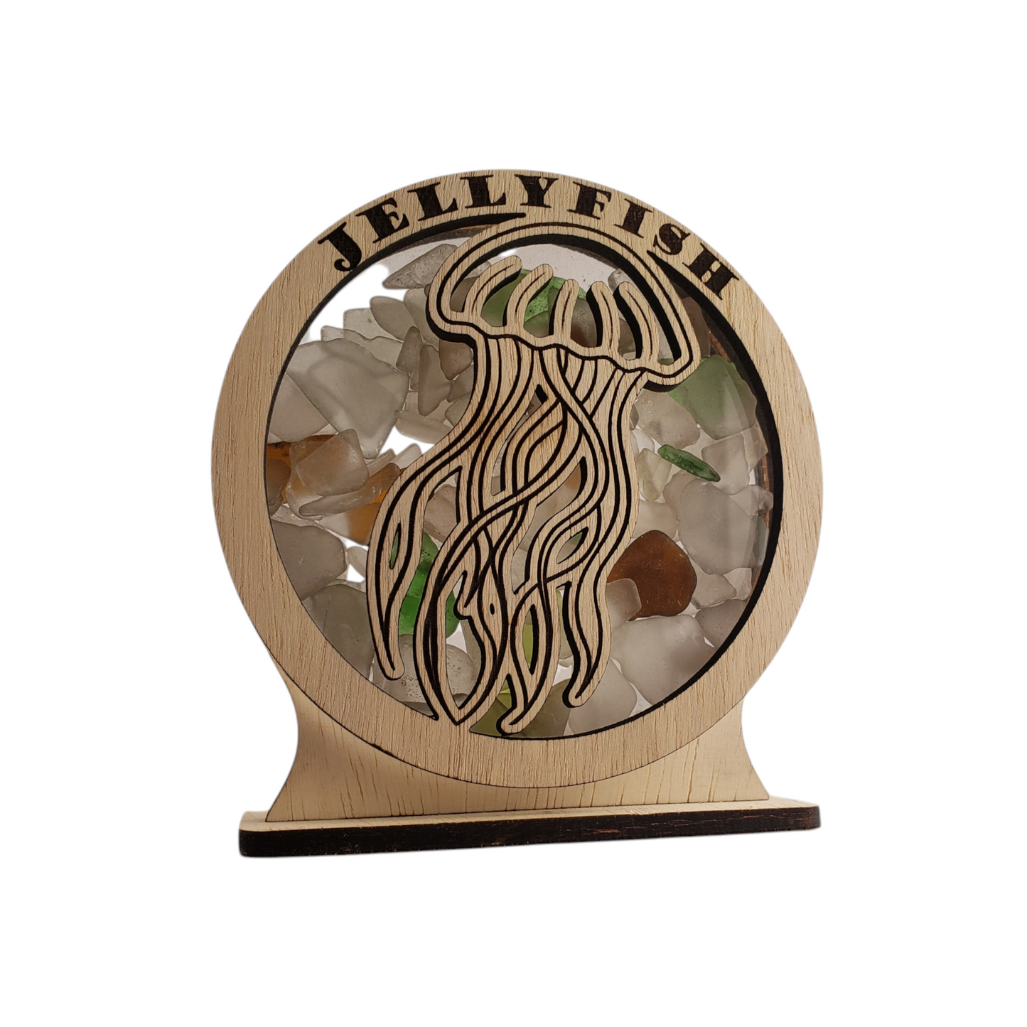 Jellyfish Sea Glass Shadowbox Display Single Sided, Window Hanging, Double Sided Shine-through Shelf Sitter, LED Light, Small
