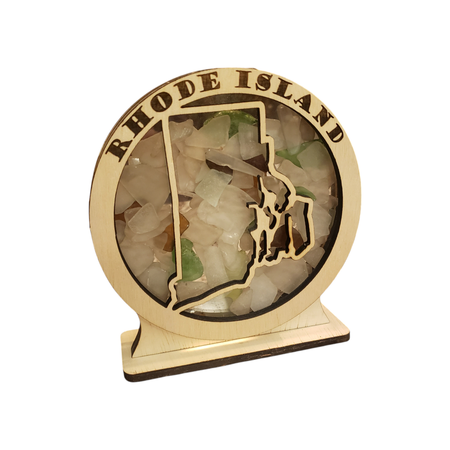 Rhode Island Round Sea Glass Shadowbox Display Single Sided, Window Hanging, Double Sided Shine-through Shelf Sitter, LED Light, Small