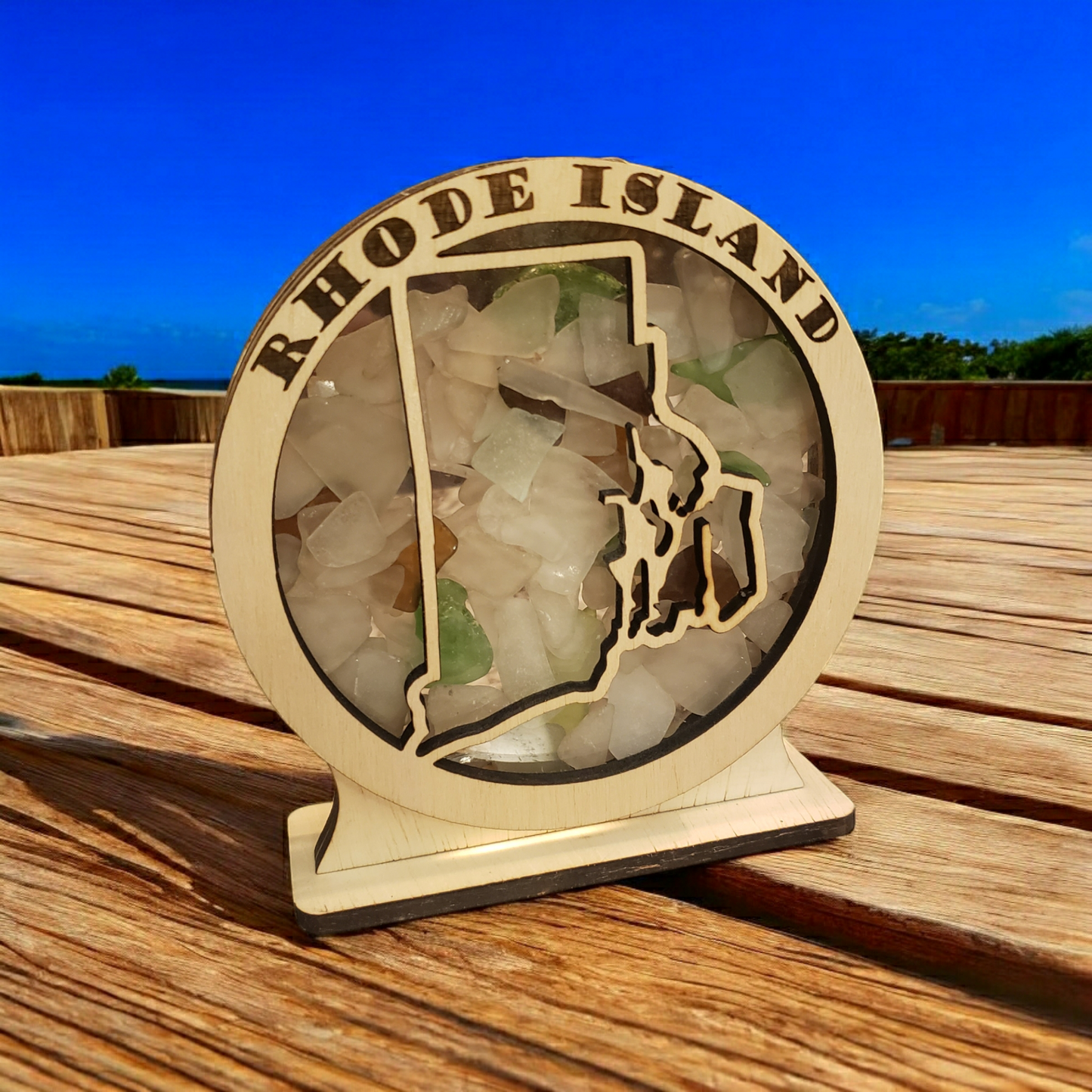 Rhode Island Round Sea Glass Shadowbox Display Single Sided, Window Hanging, Double Sided Shine-through Shelf Sitter, LED Light, Small