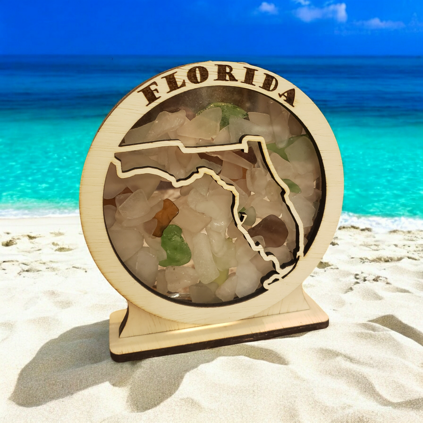 Florida Round Sea Glass Shadowbox Display Single Sided, Window Hanging, Double Sided Shine-through Shelf Sitter, LED Light, Small