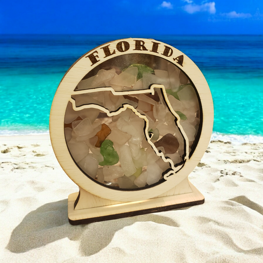 Florida Round Sea Glass Shadowbox Display Single Sided, Window Hanging, Double Sided Shine-through Shelf Sitter, LED Light, Small