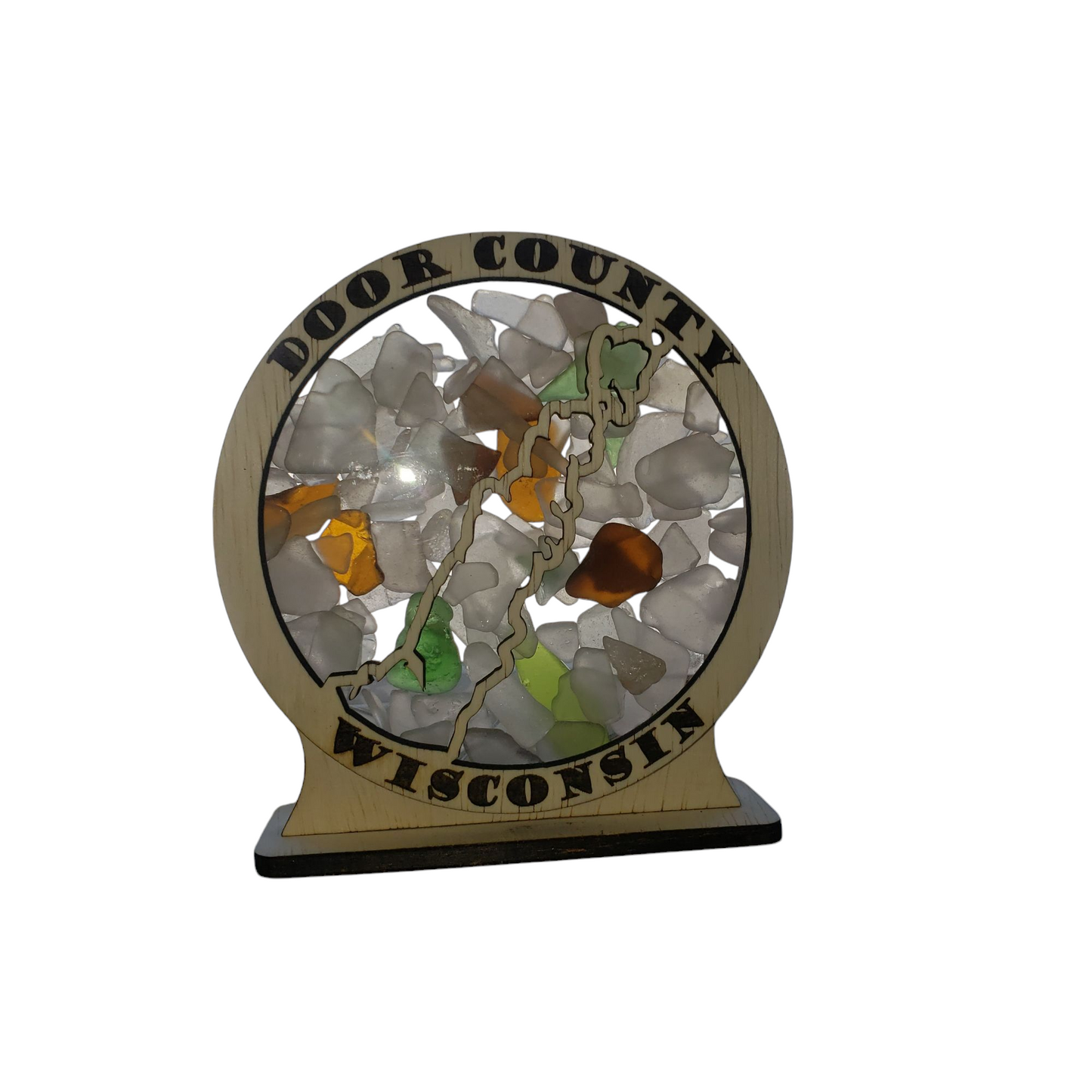 Door County Wisconsin Round Sea Glass Shadowbox Display Single Sided, Window Hanging, Double Sided Shine-through Shelf Sitter, LED Light, Small