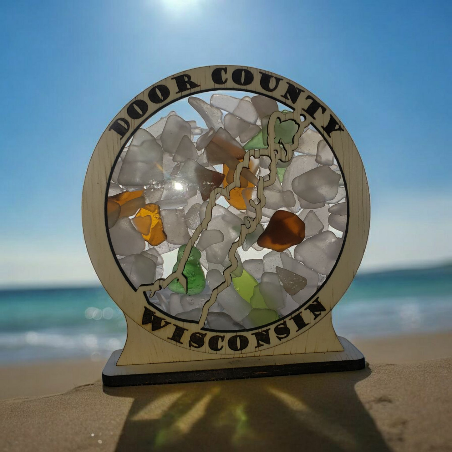 Door County Wisconsin Round Sea Glass Shadowbox Display Single Sided, Window Hanging, Double Sided Shine-through Shelf Sitter, LED Light, Small