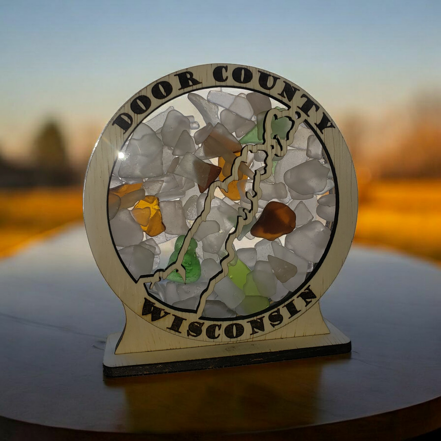 Door County Wisconsin Round Sea Glass Shadowbox Display Single Sided, Window Hanging, Double Sided Shine-through Shelf Sitter, LED Light, Small