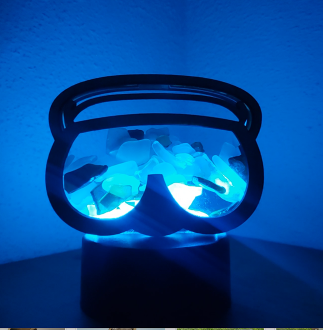 Swim Scuba Goggles Sea Glass Shadowbox Display, Single Sided, Window Hanging, Double Sided Shine-through Shelf Sitter, LED Light, Small