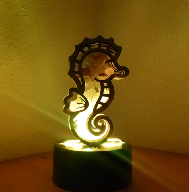 Seahorse Sea Glass Shadowbox Display, Single Sided, Window Hanging, Double Sided Shine-through Shelf Sitter, LED Light Multicolor, Small
