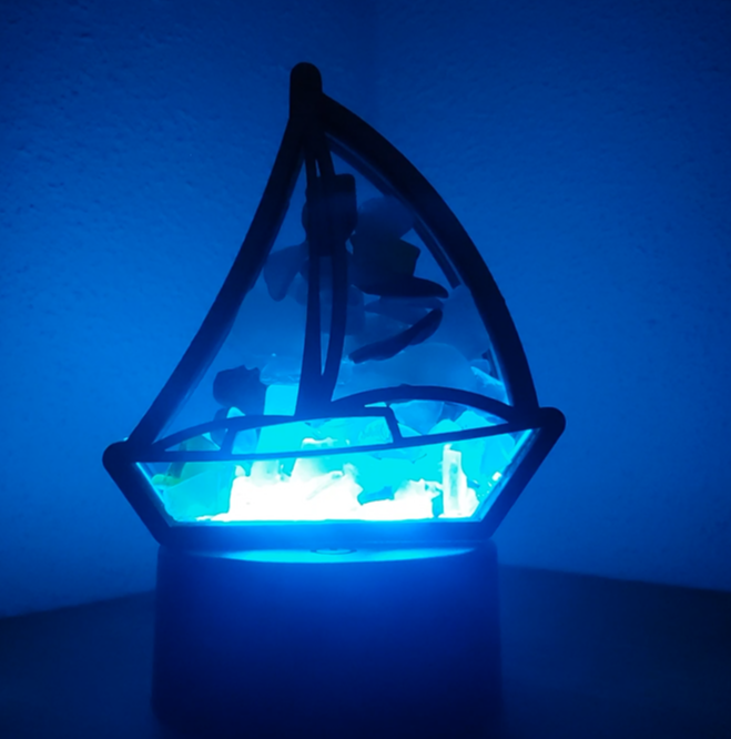 Sailboat Sea Glass Shadowbox Display Single Sided, Window Hanging, Double Sided Shine-through Shelf Sitter, LED Light Multicolor, Small
